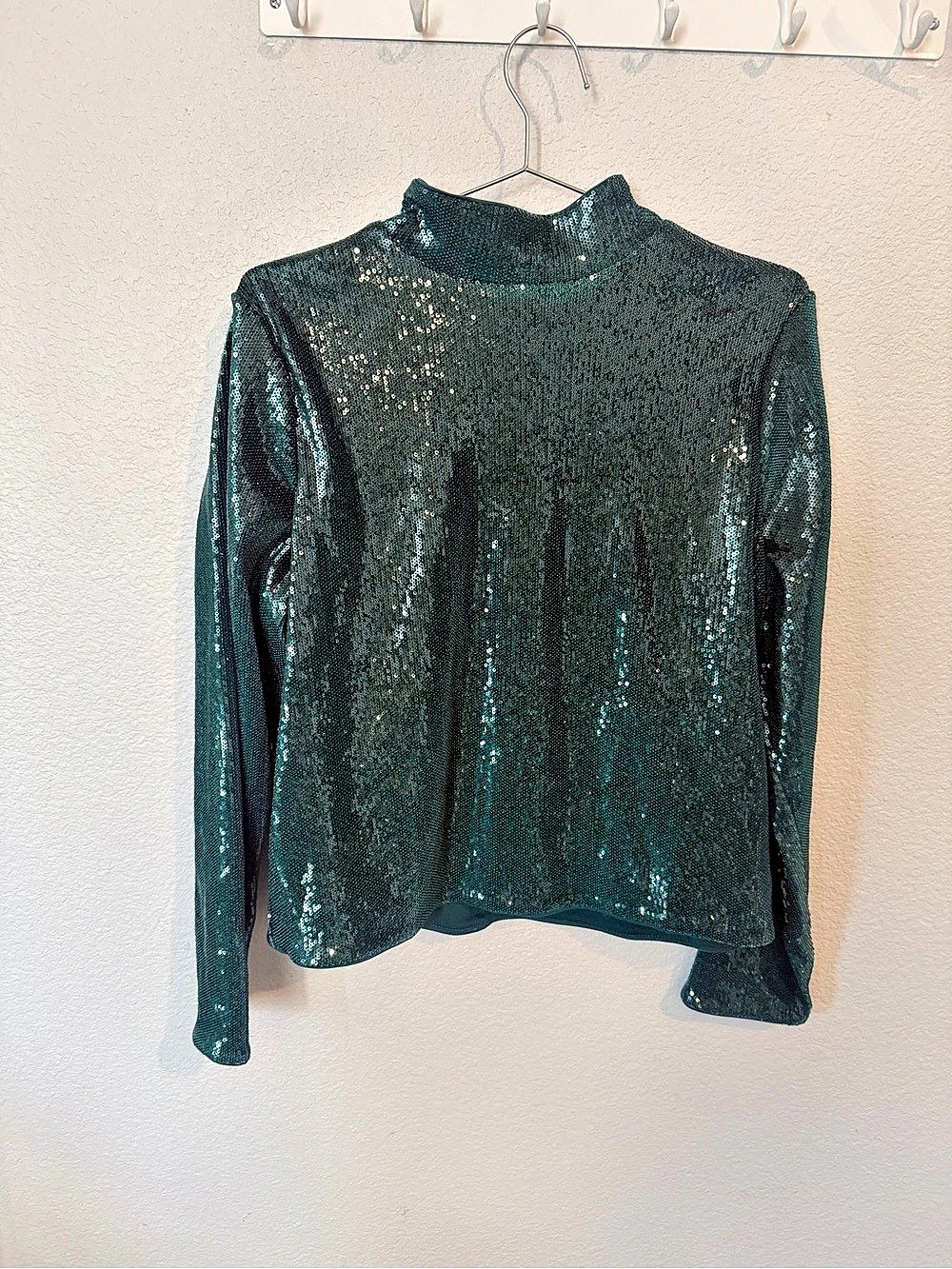 Express Body Contour Sequin Mock Neck Long Sleeve Tee Top Green XL